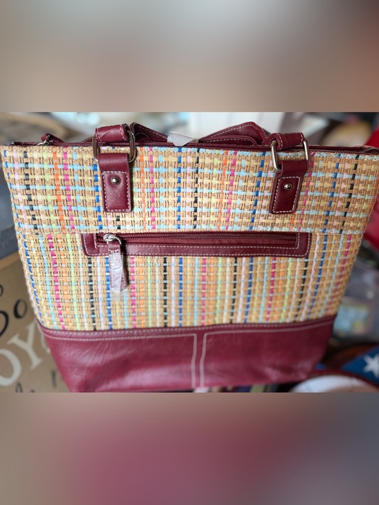 Handbags - Woven Straw Tote with Burgundy Trim - Women's Bag